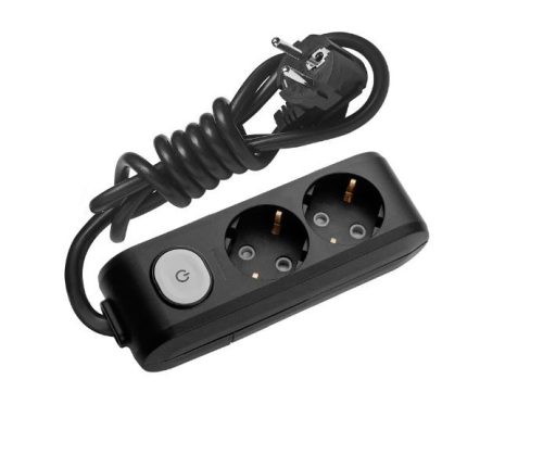 Kapcsolós elosztó 2-es (2 földelt) fekete, hosszabbító 2m vezetékkel