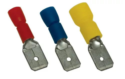 Szigetelt rátolható csatlakozó csap 6,3×0,8mm, 1,5mm2, sárgaréz, piros