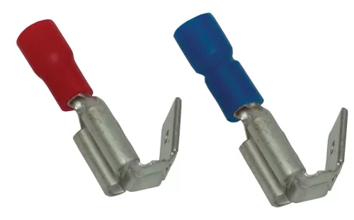 Szigetelt rátolható csatlakozó csap+hüvely 6,3×0,8mm, 1,5mm2, sárgaréz, piros