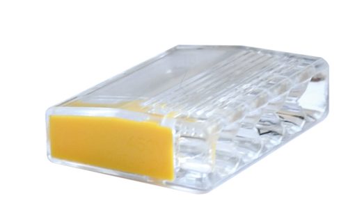 Csavar nélküli vezetékösszekötő, átlátszó/sárga 5×0,5-2,5mm2, 450VAC, max. 16A