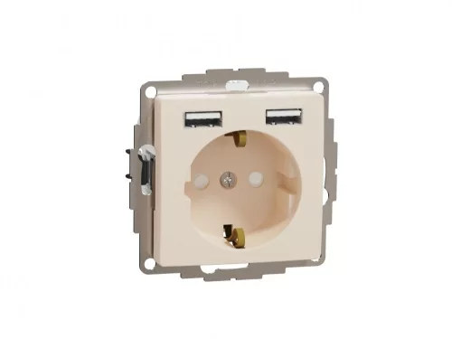 ÚJ SEDNA 2P+F csatlakozóaljzat, BZS, kettős USB töltővel, rugós, 16A/2.4A, bézs