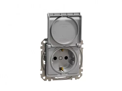 ÚJ SEDNA 2P+F csatlakozóaljzat biztonsági zsaluval, csapófedeles, rugós bekötés, 16A, alumínium