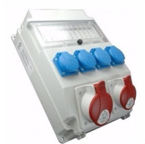 Szerelt ipari doboz 1x 5p 16A 1x 5P 32A beép.dugalj + 4x 2p+f házt.dugalj vezetékelve ROS-11/x-21/S