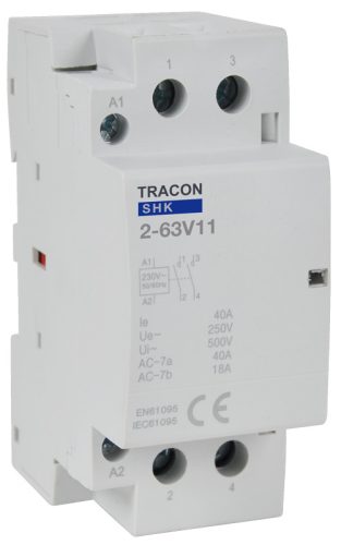 Installációs kontaktor 230V AC, 50Hz, 2 Mod, 1×NO+1×NC, AC1/AC7a, 63A