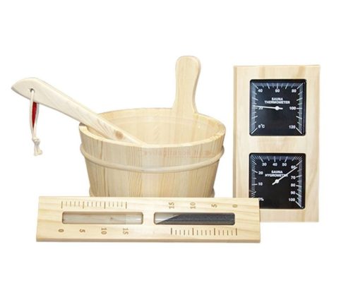 Set saună din lemn de pin cu găleată, lingură, termometru-higrometru și clepsidră cu nisip negru