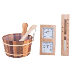   Zedernholz-Saunaset mit Aufgusskübel, Kelle, Thermo-Hygrometer und Sanduhr mit weißem Sand