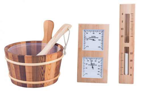 Zedernholz-Saunaset mit Aufgusskübel, Kelle, Thermo-Hygrometer und Sanduhr mit weißem Sand