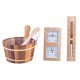 Zedernholz-Saunaset mit Aufgusskübel, Kelle, Thermo-Hygrometer und Sanduhr mit weißem Sand