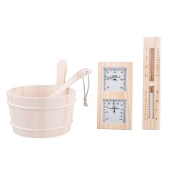   Saunaset aus Kiefer: Saunakübel, Kelle, Thermo-Hygrometer und Sanduhr mit weißem Sand