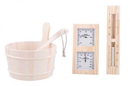 Set saună din pin cu găleată, lingură, termometru-higrometru și clepsidră cu nisip alb