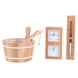   Set saună din pin cu găleată Thermo plop, lingură, termometru-higrometru și clepsidră cu nisip alb