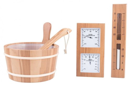 Set saună din pin cu găleată Thermo plop, lingură, termometru-higrometru și clepsidră cu nisip alb