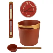   Harvia Helmi műanyag szauna szett dézsa, kanál, hőmérő-páramérő és homokóra, Terracotta