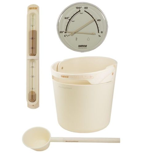 Harvia Helmi set din plastic pentru saună cu găleată, lingură, termometru-higrometru și clepsidră, culoare fildeș