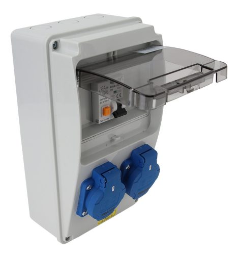 Csatlakozó doboz védelemmel, vezetékezett, készre szerelt Prot.:RCBO,Out:2×SCHUKO