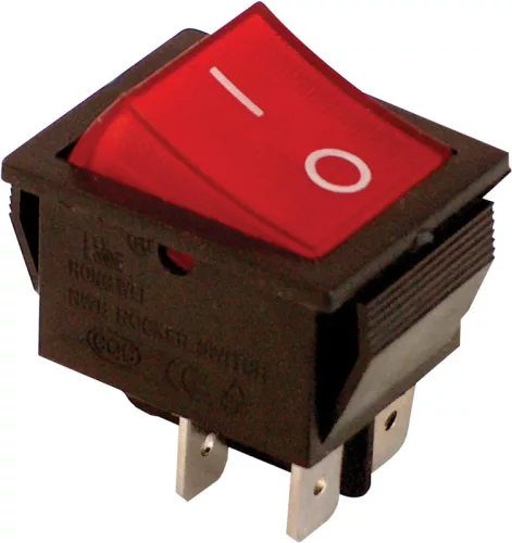 Készülékkapcs., BE-KI, 2-pólus, piros, 0-I felirat, világító 16(6)A, 250V AC