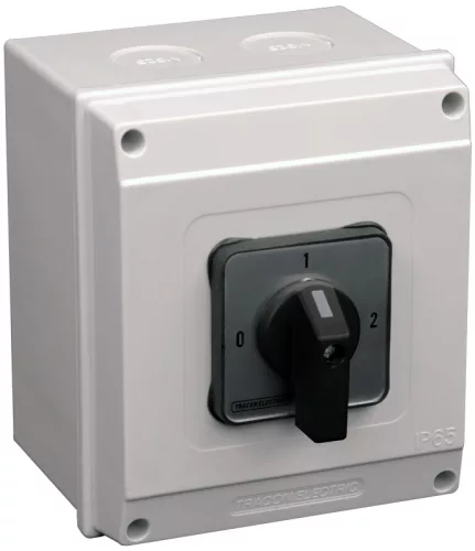 Tokozott választókapcsoló, 0-1-2 400V, 50Hz, 25A, 2×4P, 7,5kW, 48×48mm, 90°, IP65