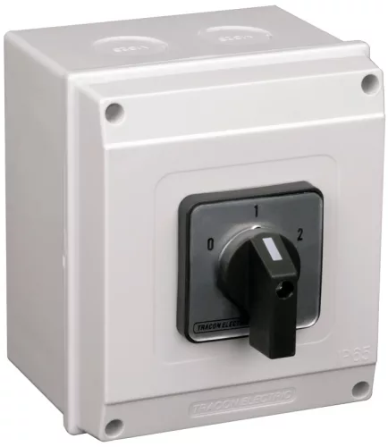 Tokozott választókapcsoló, 0-1-2 400V, 50Hz, 63A, 2×3P, 18,5kW, 64×64mm, 60°, IP65