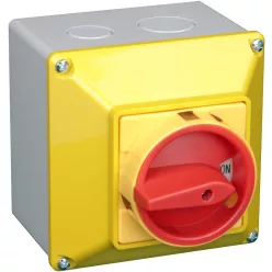   Tokozott főkapcsoló, lakatolható, sárga fedéllel, BE-KI 400V, 50Hz, 20A, 4P, 5,5kW, 48×48mm, IP44