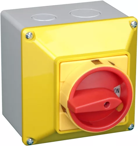 Tokozott főkapcsoló, lakatolható, sárga fedéllel, BE-KI 400V, 50Hz, 20A, 4P, 5,5kW, 48×48mm, IP44