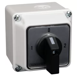   Tokozott választókapcsoló, 1-0-2 400V, 50Hz, 32A, 2×4P, 11kW, 64×64mm, 90°, IP65