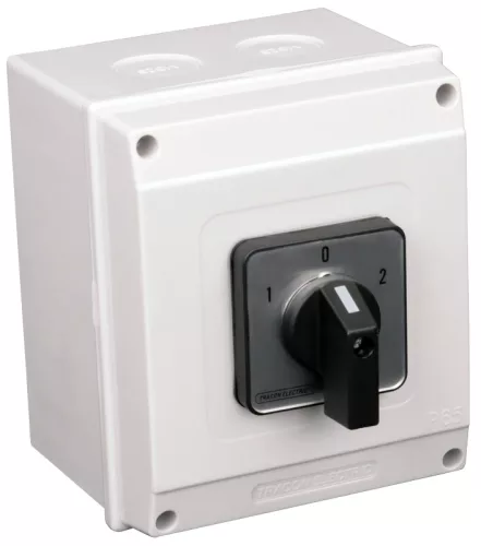 Tokozott választókapcsoló, 1-0-2 400V, 50Hz, 63A, 2×3P, 18,5kW, 64×64mm, 90°, IP65