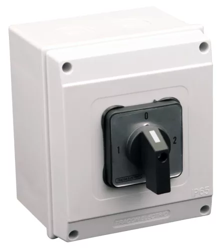 Tokozott választókapcsoló, 1-0-2 400V, 50Hz, 63A, 2×3P, 18,5kW, 64×64mm, 90°, IP65