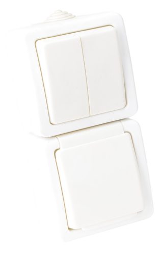 Falon kívüli 2-áramkörös kapcsoló+csatl.aljzat, függőleges 16A/250VAC, IP54, (105)