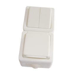   Falon kív. 2-áramkörös váltókapcs.+csatl.aljzat,függ.,csapos 16A/250VAC, IP54, (106/2)