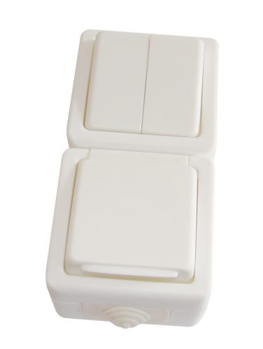 Falon kív. 2-áramkörös váltókapcs.+csatl.aljzat,függ.,csapos 16A/250VAC, IP54, (106/2)