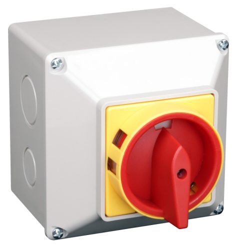 Tokozott biztonsági lakatolható szakaszoló kapcsoló, sárga 400V, 48×48mm, IP44
