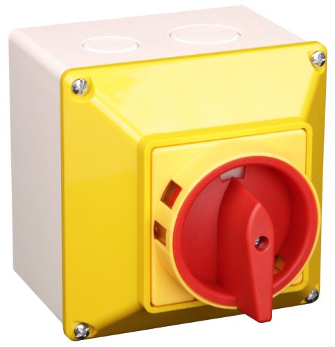 Tokozott biztonsági lakatolható szakaszoló kapcsoló, sárga 400V, 48×48mm, IP65