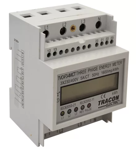 LCD kijelzésű háromfázisú áramváltós fogyasztásmérő, 4 modul 400V / 5 A CT Pd=3W