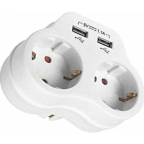 Elosztó, dupla dugalj, 2xUSB (1A+2A)