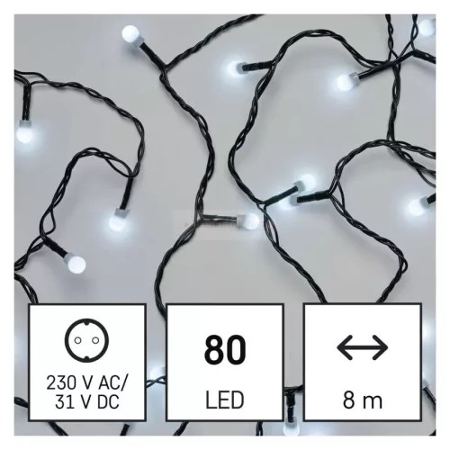 Fényfüzér hideg fehér golyók 8m 80LED IP44 programokkal