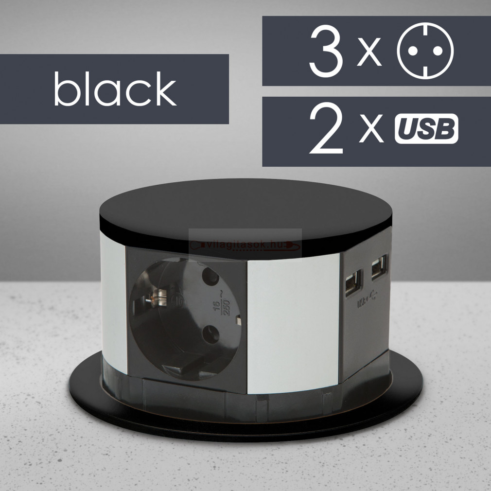 Irodai asztalba rejtett elosztó 3db dugalj 2db USB fekete